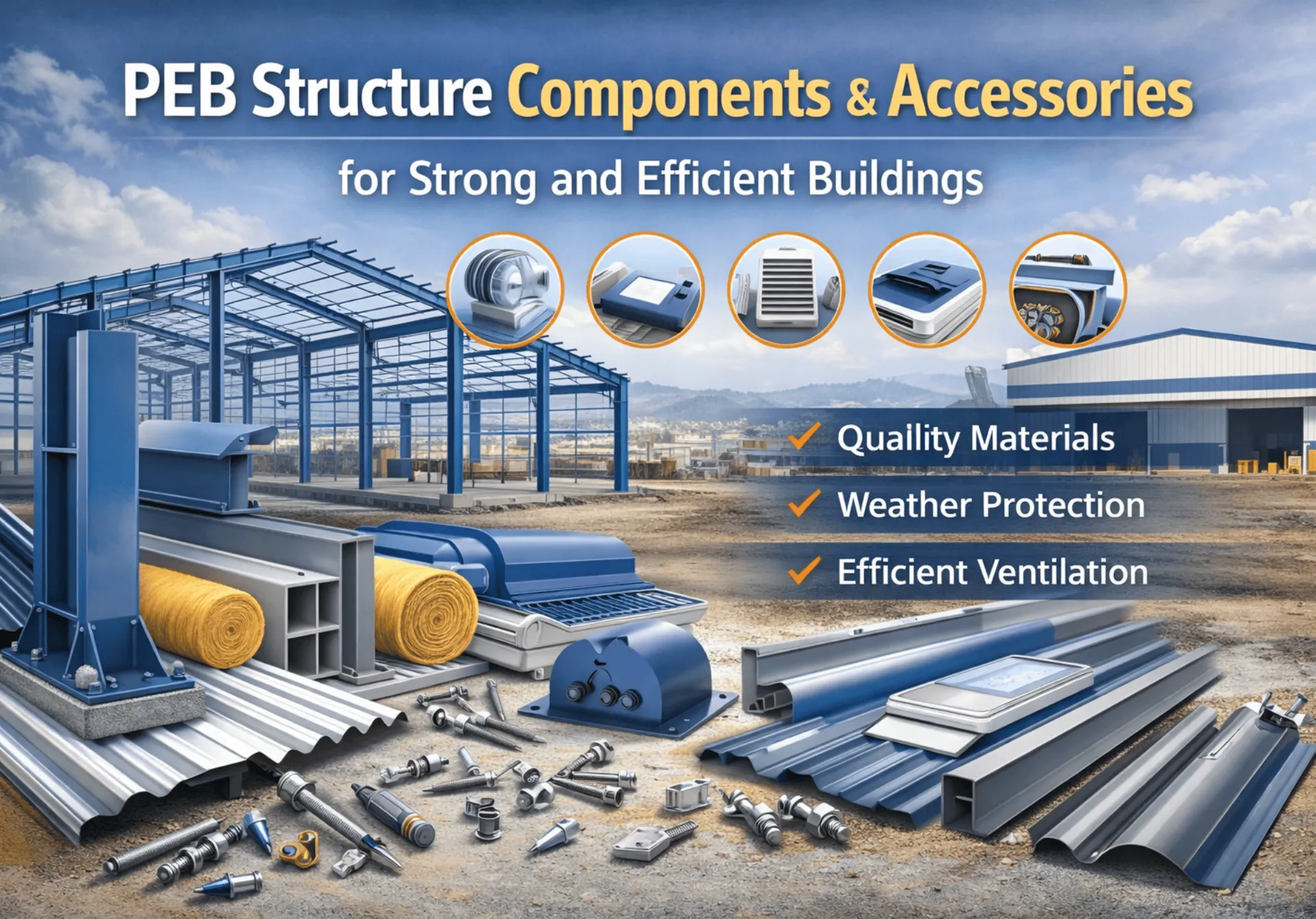 PEB structure components and accessories including steel columns, rafters, purlins, roofing systems, and building accessories for efficient pre engineered construction
