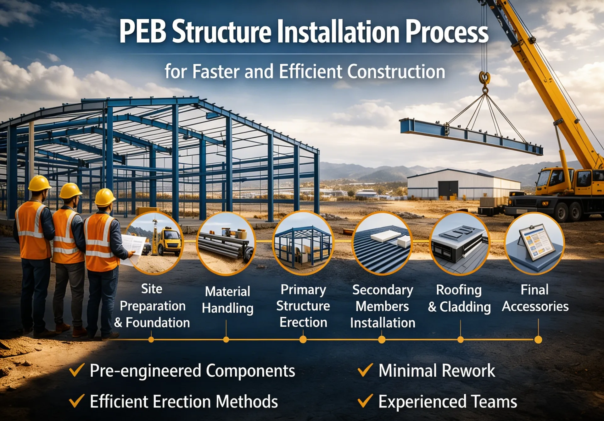 PEB structure installation process showing steel frame erection, roofing and cladding installation, and step by step pre engineered building construction workflow