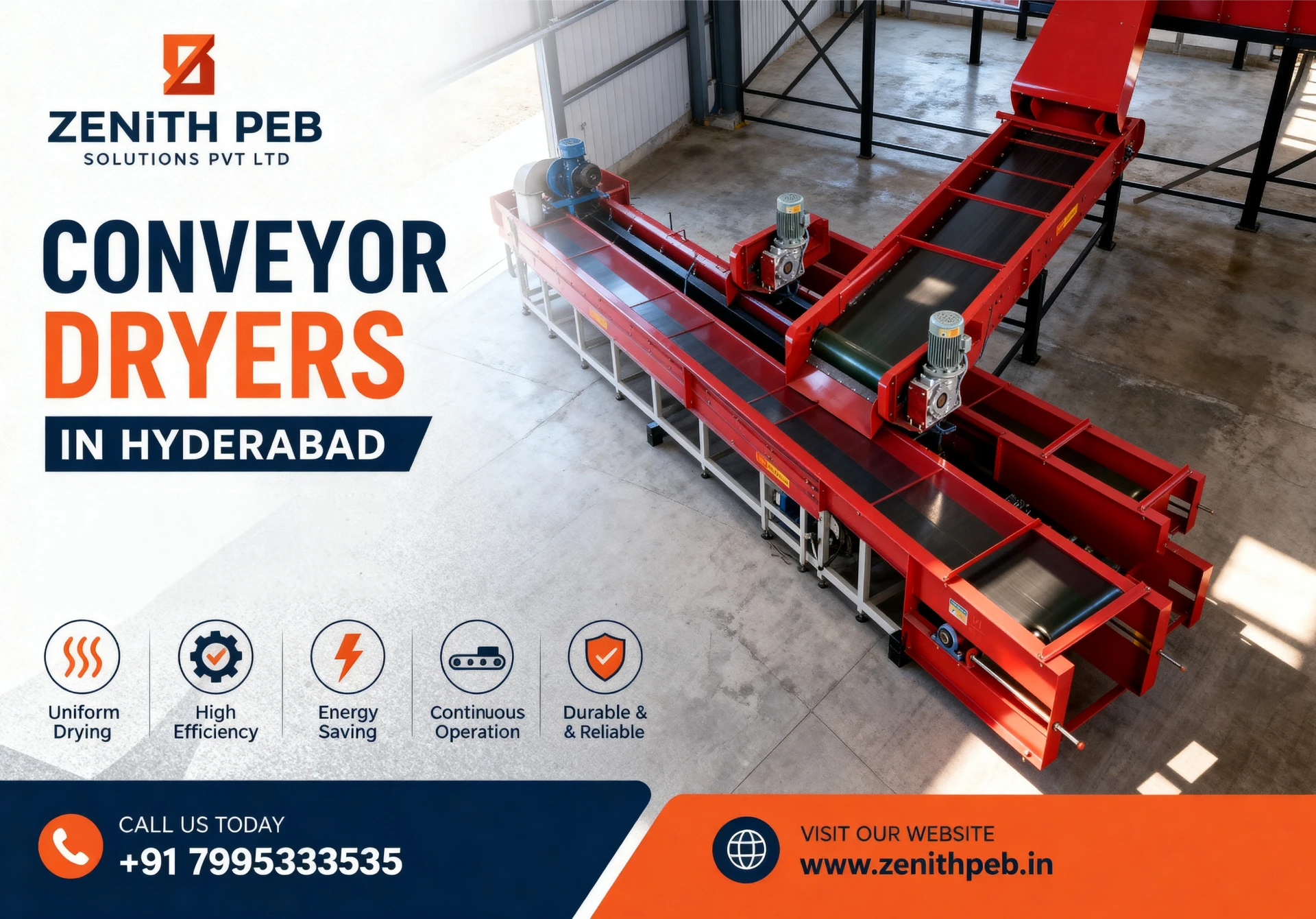 Industrial conveyor dryers in Hyderabad by Zenith PEB Solutions featuring high-performance continuous drying systems for industrial and food processing applications.