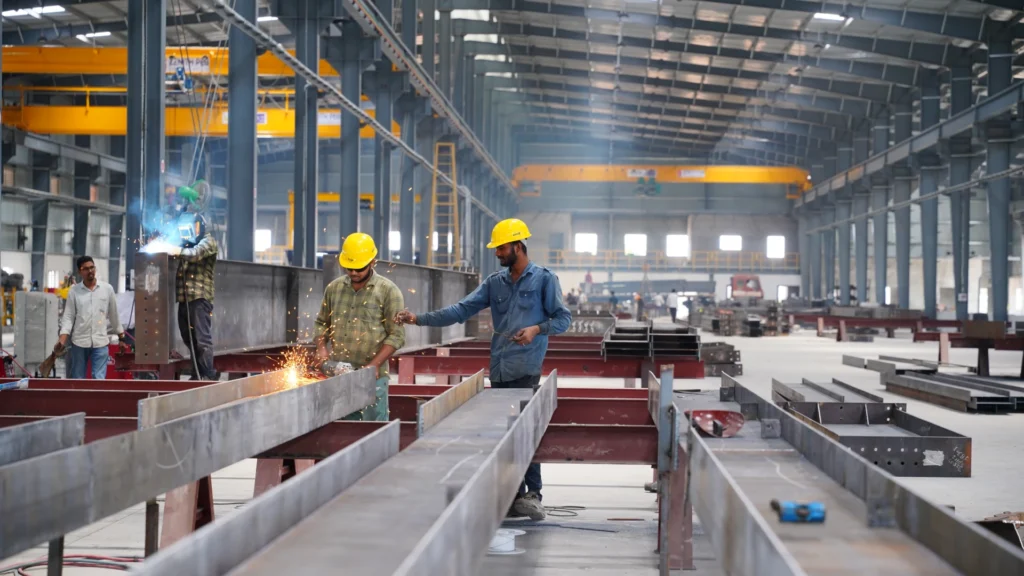 PEB building components including columns, rafters, purlins, girts and structural framing